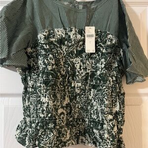 Anthropologie Green and White Floral Blouse